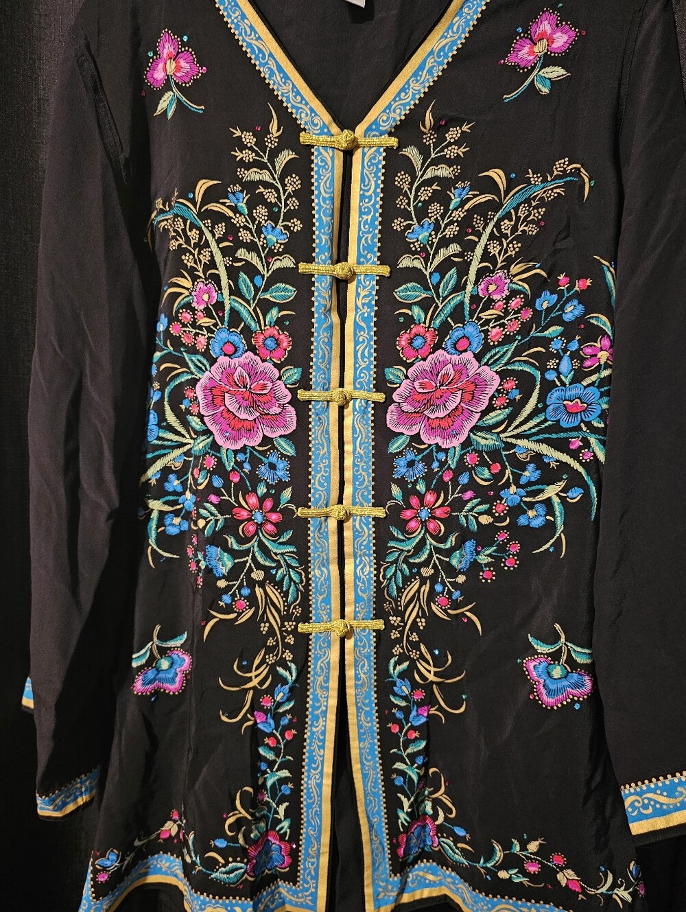 Diane Gilman Black Tunic with Pink Floral Embroidery and Blue-Gold Trim M - Picture 2 of 5